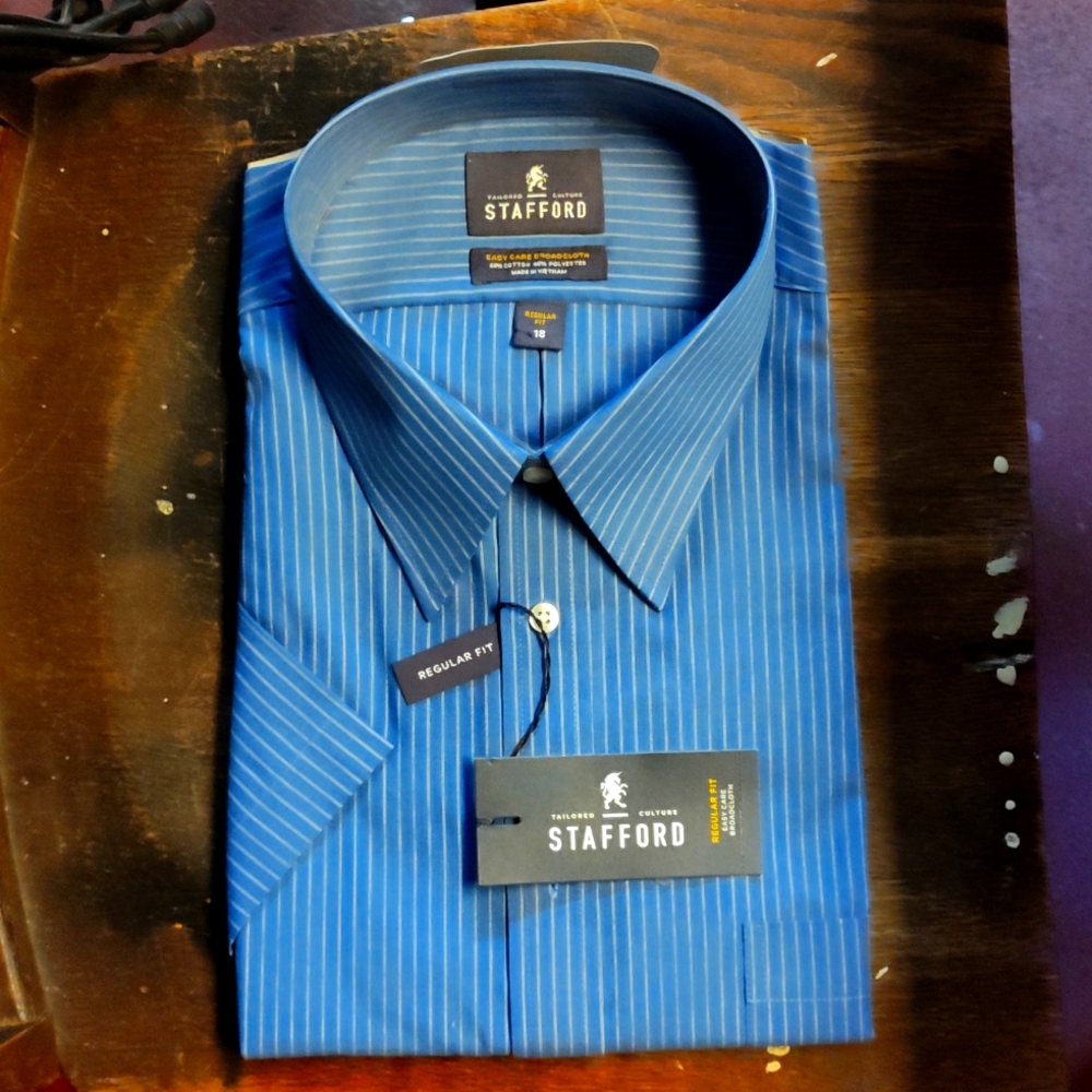 Man's Dress shirt, short sleeve,blue with white pin stripe, button up.